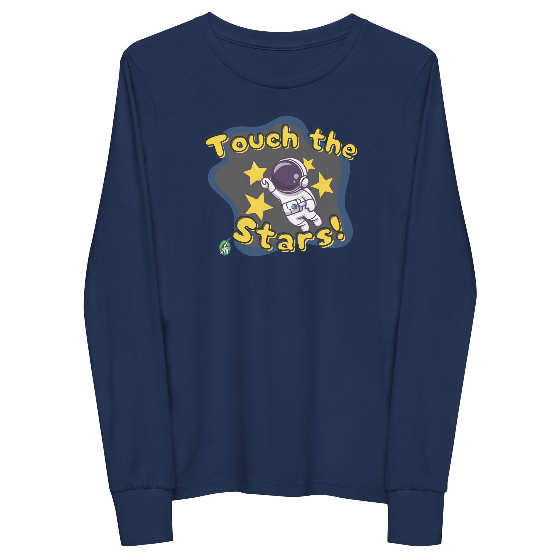 Kids' navy blue long sleeve t-shirt with a printed graphic of an astronaut and the words, 'Touch the Stars'. Designed by Wizard Prints