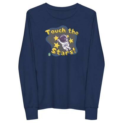 Kids' navy blue long sleeve t-shirt with a printed graphic of an astronaut and the words, 'Touch the Stars'. Designed by Wizard Prints