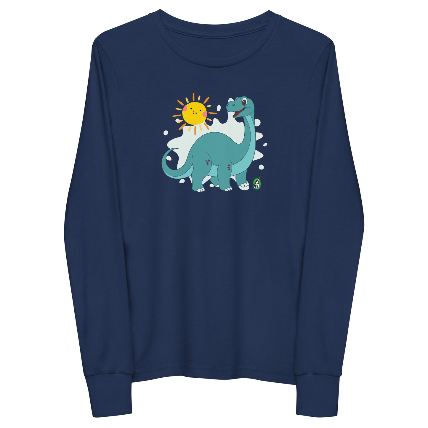 Kids' navy blue long sleeve t-shirt with a printed graphic of a smiling brachiosaurus and the sun. Designed by Wizard Prints