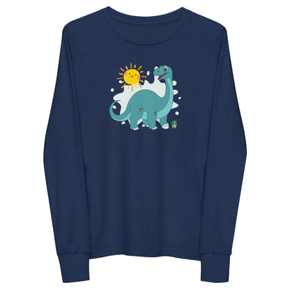 Kids' navy blue long sleeve t-shirt with a printed graphic of a smiling brachiosaurus and the sun. Designed by Wizard Prints