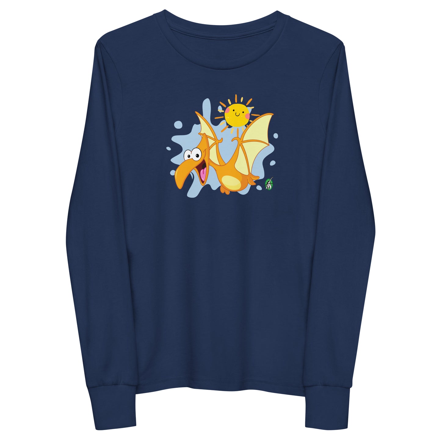 Kids' navy blue long sleeve t-shirt with a printed graphic of a flying dragon and the sun. Designed by Wizard Prints