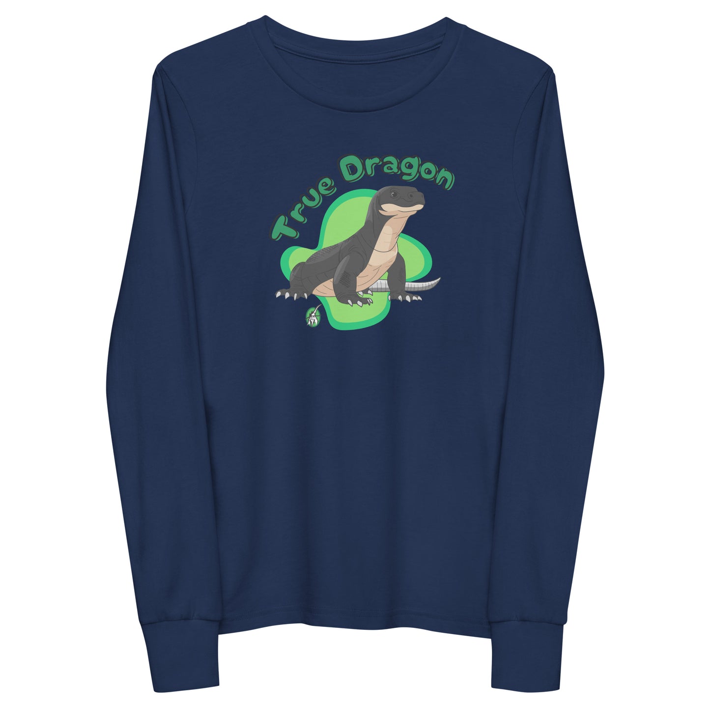 Kids' navy blue long sleeve t-shirt with a printed graphic of a komodo dragon and the words, 'True Dragon'. Designed by Wizard Prints