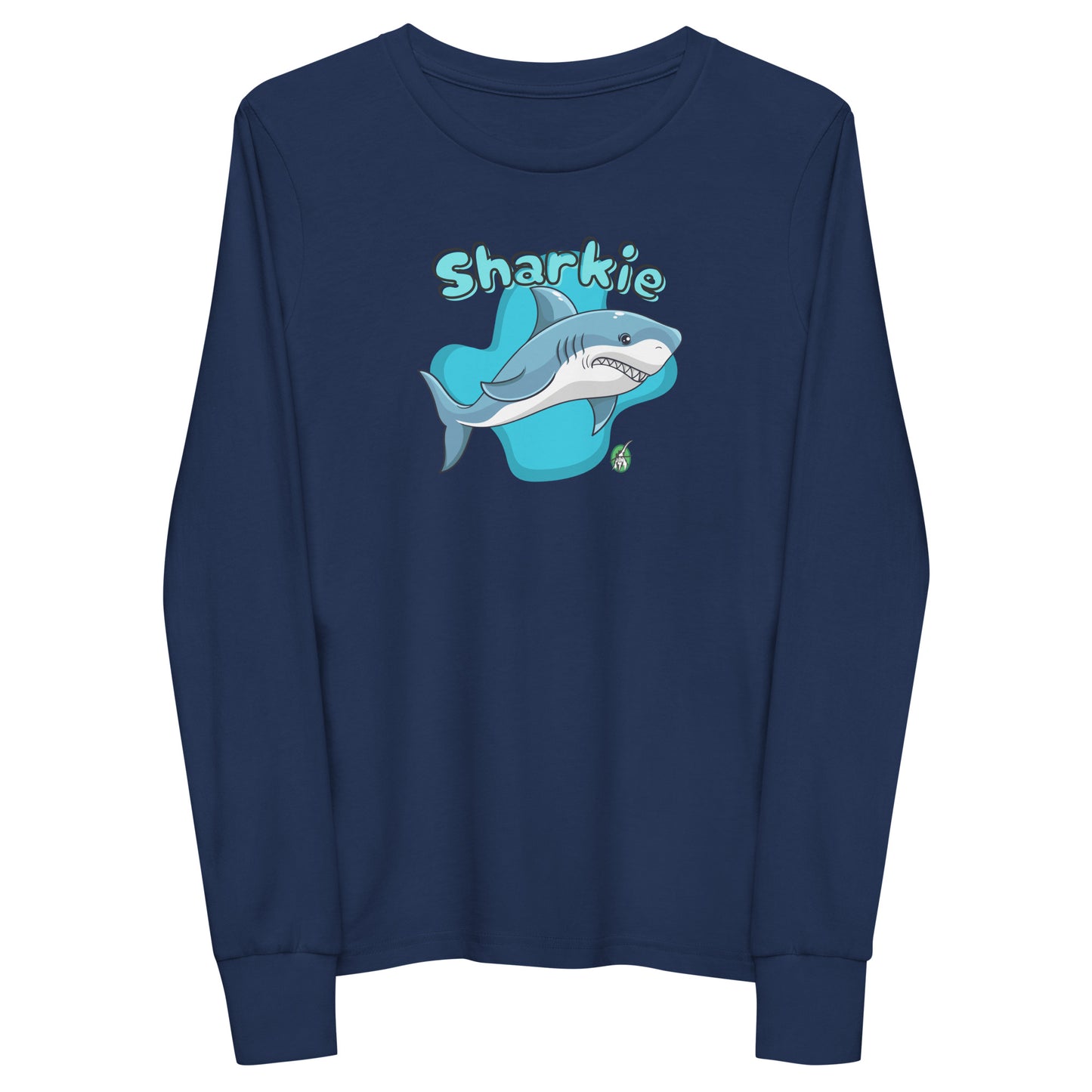 Kids' navy blue long sleeve t-shirt with a printed graphic of a shark and the word, 'Sharkie'. Designed by Wizard Prints