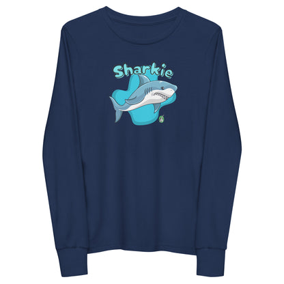 Kids' navy blue long sleeve t-shirt with a printed graphic of a shark and the word, 'Sharkie'. Designed by Wizard Prints