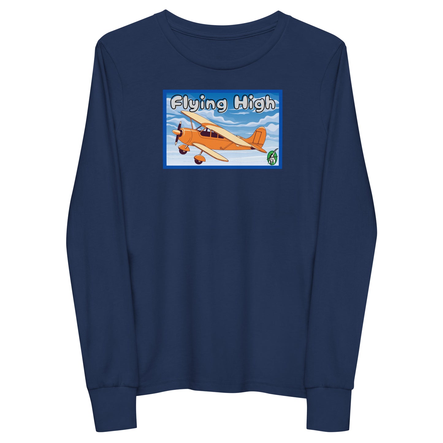 Kids' navy blue long sleeve t-shirt with a printed graphic of a vintage airplane and the words, 'Flying High'. Designed by Wizard Prints