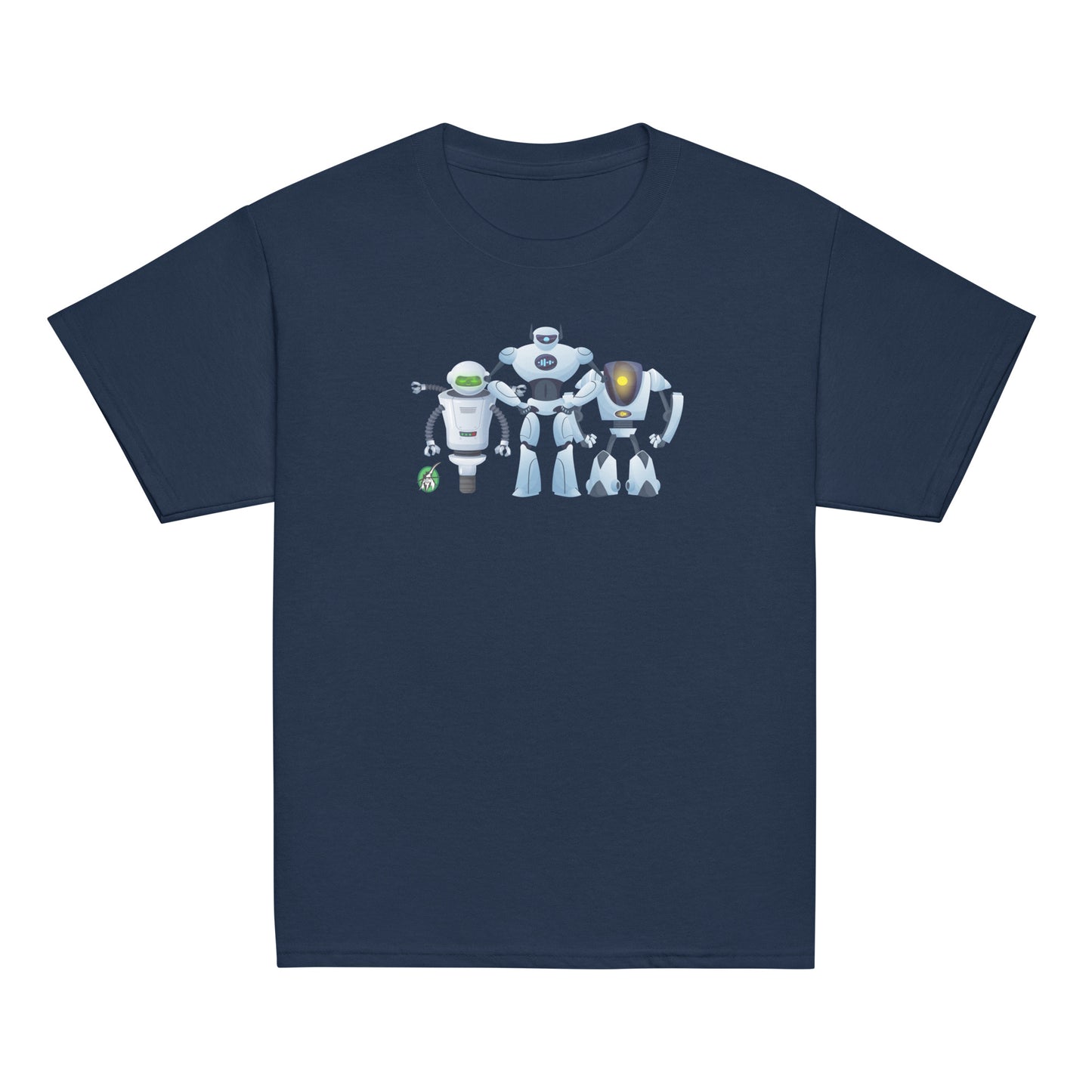 Kids' navy blue t-shirt featuring a printed graphic of cartoon robots, designed by Wizard Prints.