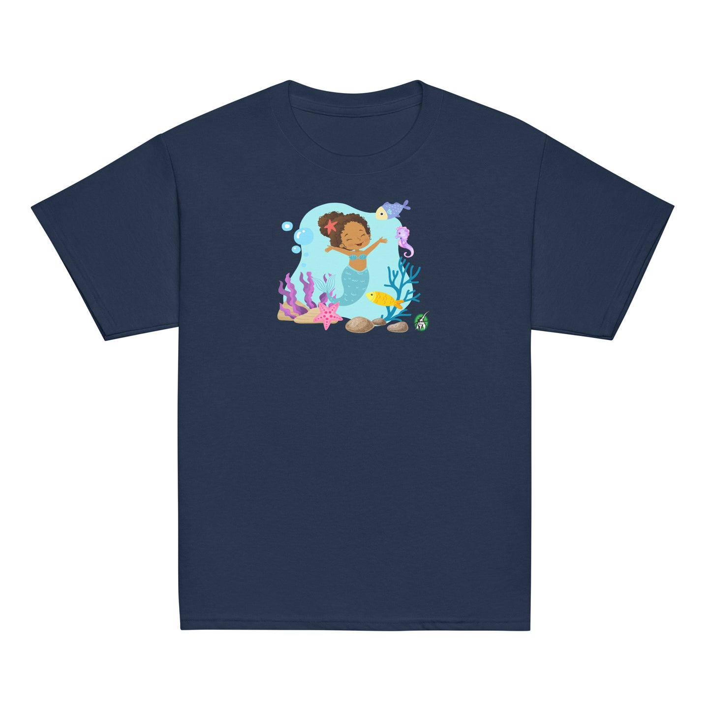 Kids' navy blue t-shirt featuring a printed graphic of a curly mermaid surrounded by sea creatures and water, designed by Wizard Prints.