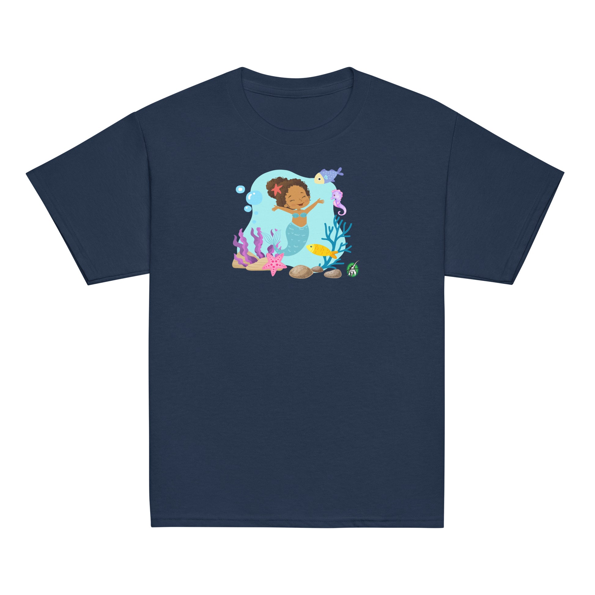 Kids' navy blue t-shirt featuring a printed graphic of a curly mermaid surrounded by sea creatures and water, designed by Wizard Prints.