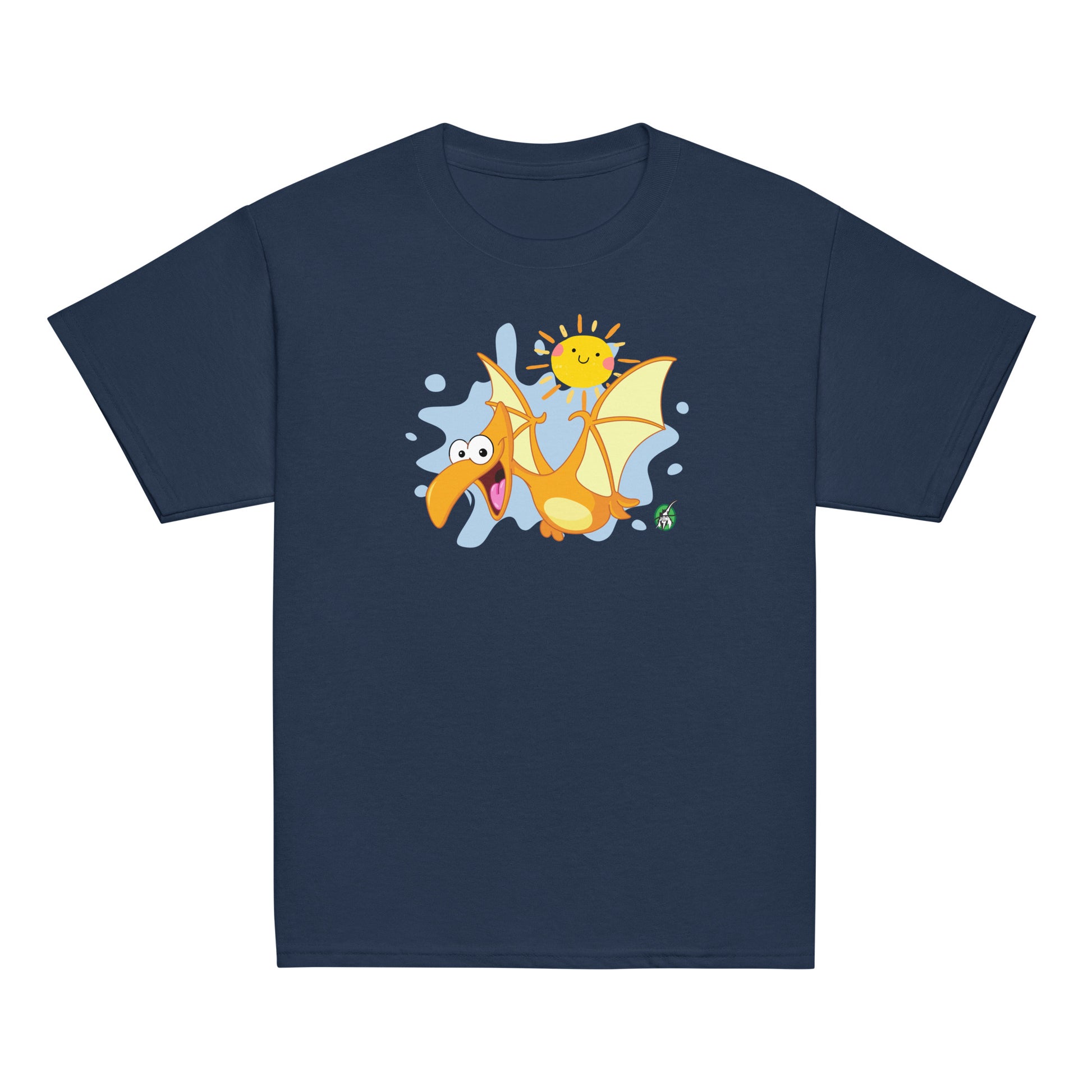Kids' navy blue t-shirt with a printed graphic of a cartoon flying dragon and the sun. Designed by Wizard Prints.