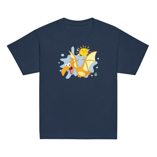 Kids' navy blue t-shirt with a printed graphic of a cartoon flying dragon and the sun. Designed by Wizard Prints.