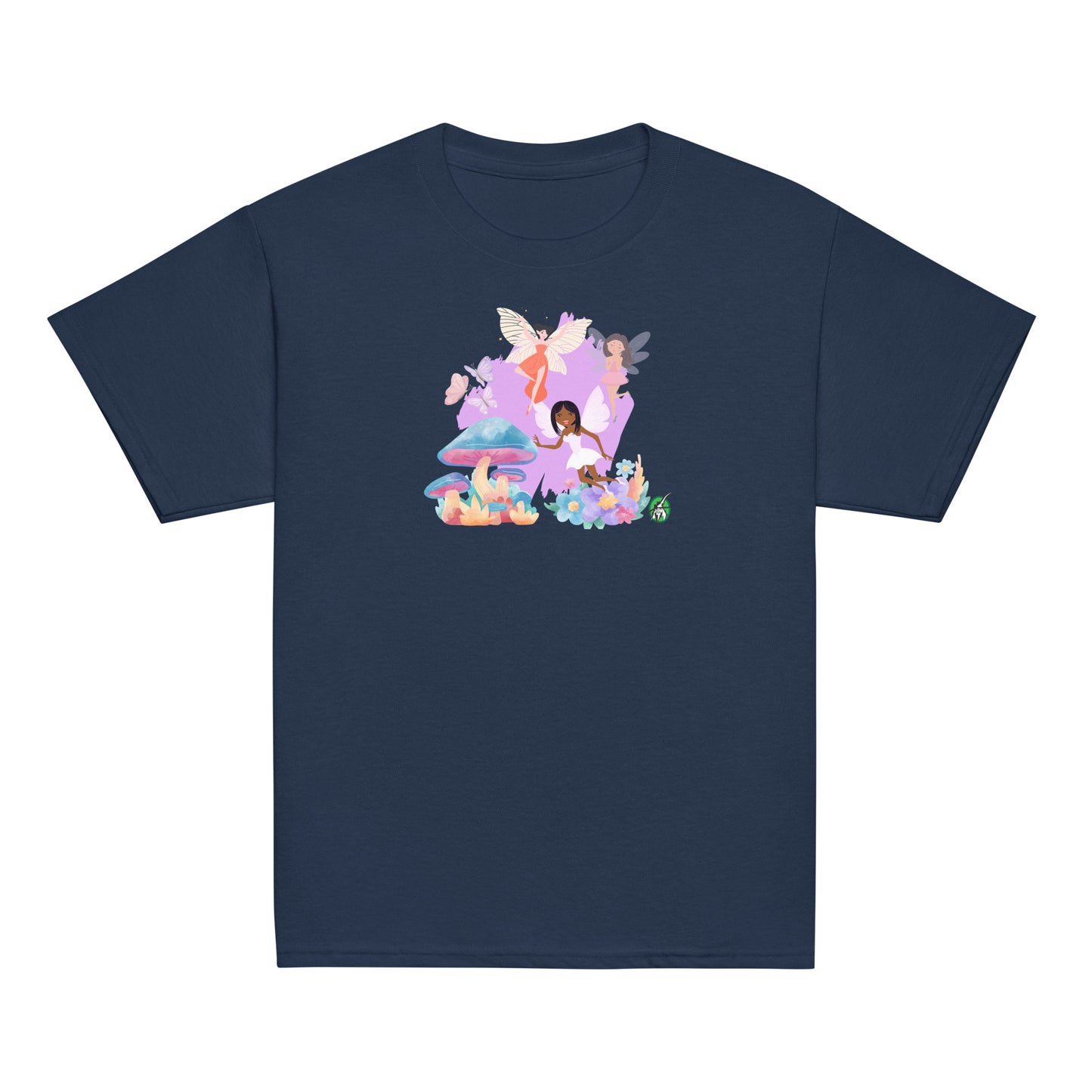 Kids' navy blue t-shirt featuring a printed graphic of fairies flying over mushrooms, designed by Wizard Prints.