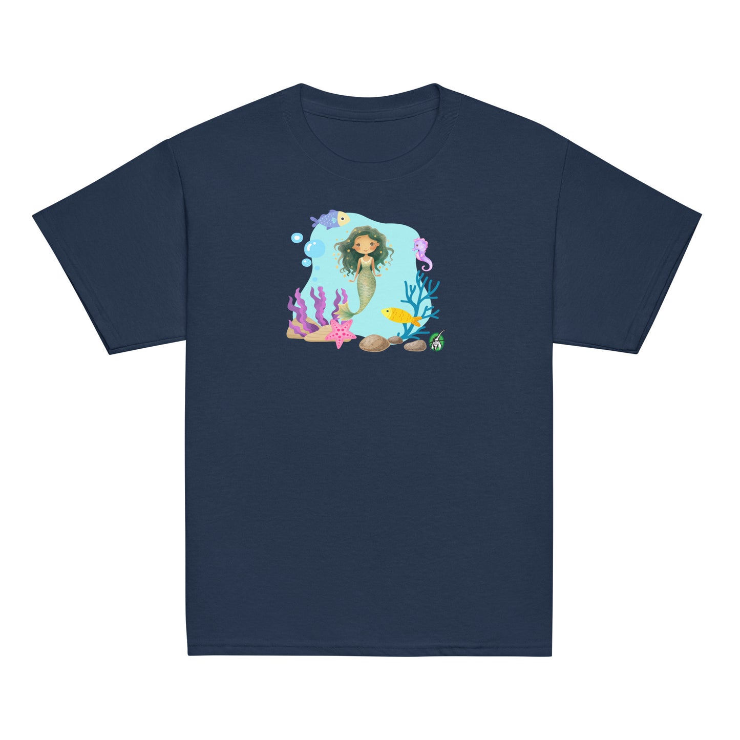 Kids' navy blue t-shirt featuring a printed graphic of a mermaid surrounded by sea creatures and water, designed by Wizard Prints.