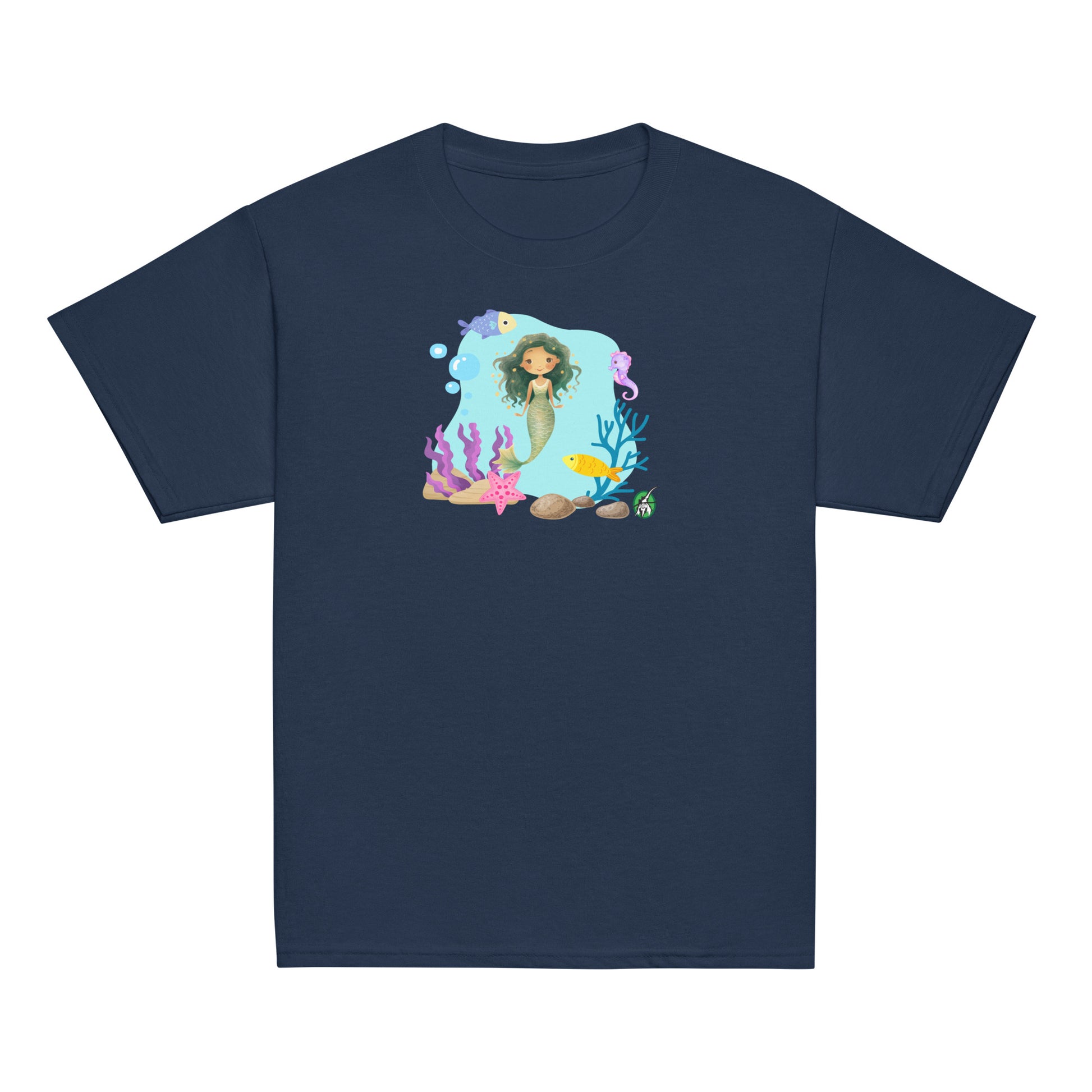 Kids' navy blue t-shirt featuring a printed graphic of a mermaid surrounded by sea creatures and water, designed by Wizard Prints.