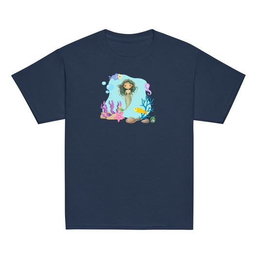 Kids' navy blue t-shirt featuring a printed graphic of a mermaid surrounded by sea creatures and water, designed by Wizard Prints.