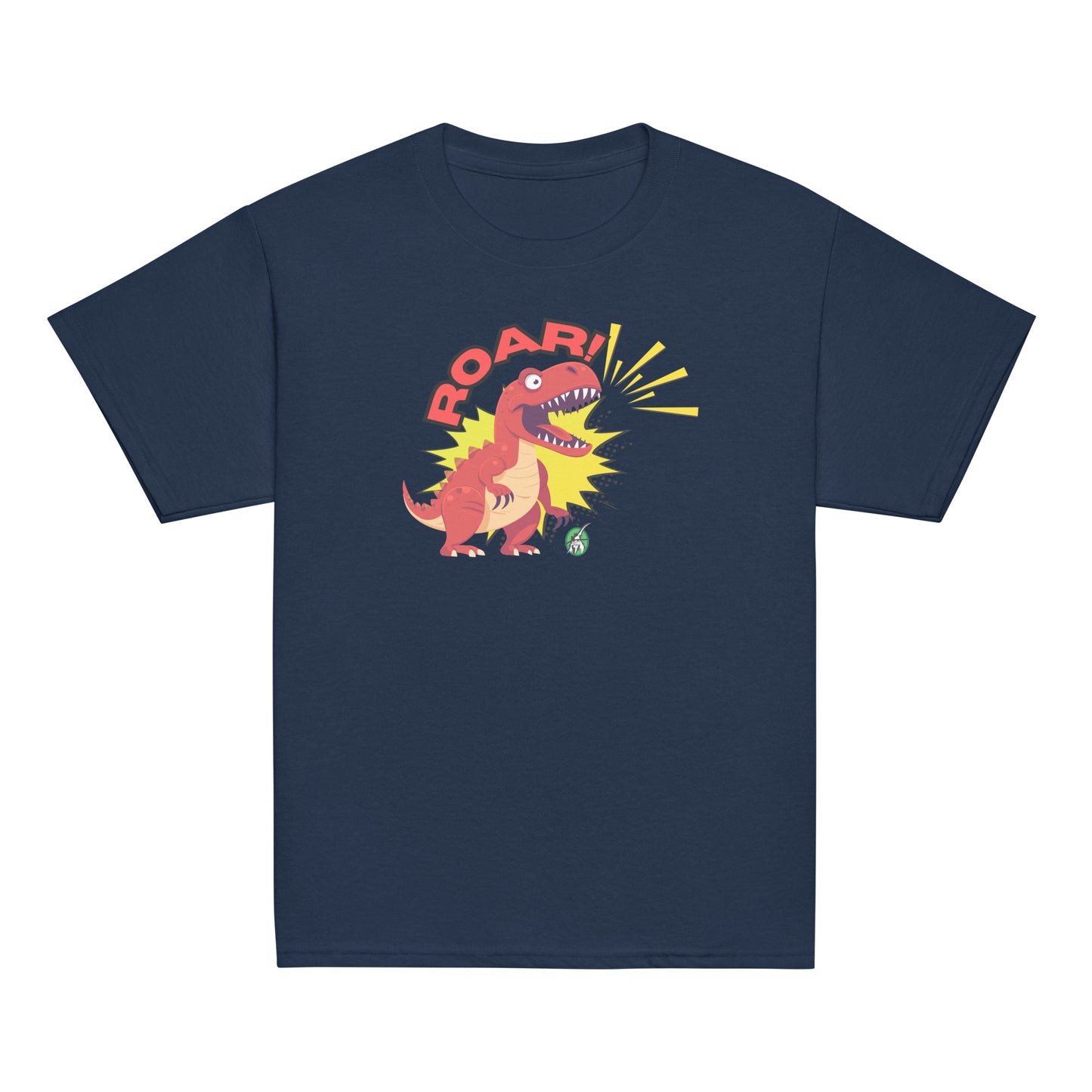 Kids' navy blue t-shirt with a printed graphic of a roaring dinosaur and the word, Roar!. Designed by Wizard Prints.