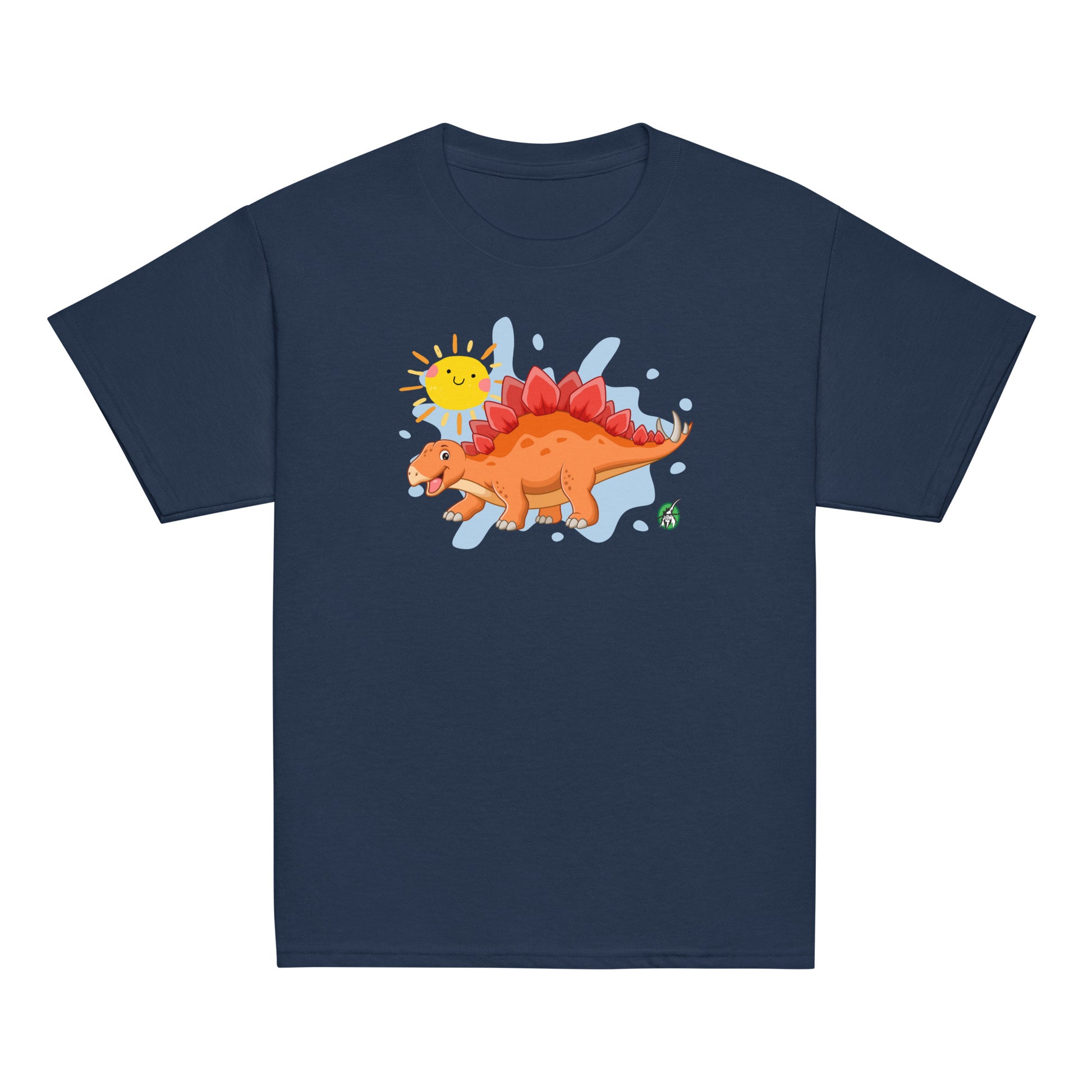 Kids' navy blue t-shirt with a printed graphic of a smiling cartoon Stegosaurus and the sun. Designed by Wizard Prints.
