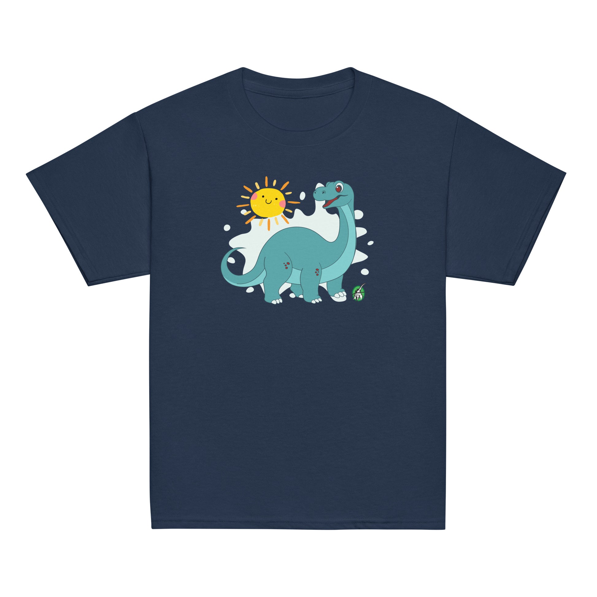 Kids' navy blue t-shirt with a printed graphic of a smiling cartoon brachiosaurus and the sun. Designed by Wizard Prints.