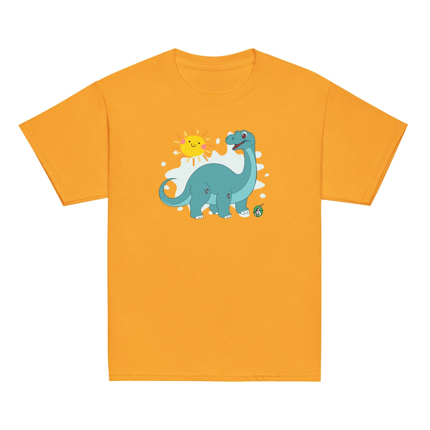 Kids' orange t-shirt with a printed graphic of a smiling cartoon brachiosaurus and the sun. Designed by Wizard Prints.