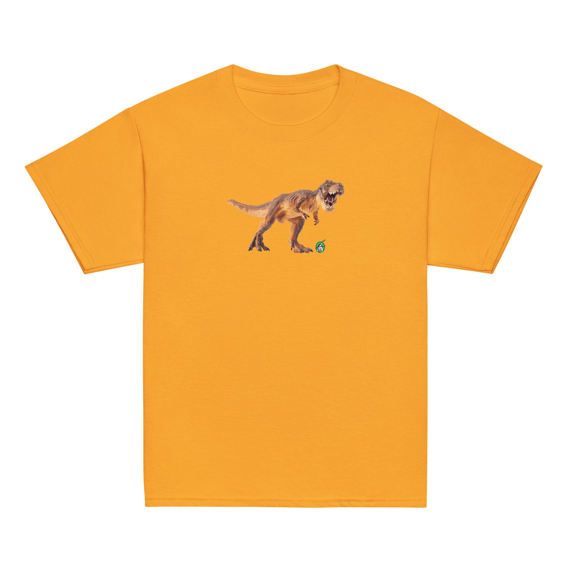 Kids' orange t-shirt featuring a printed graphic of a life like dinosaur, designed by Wizard Prints.
