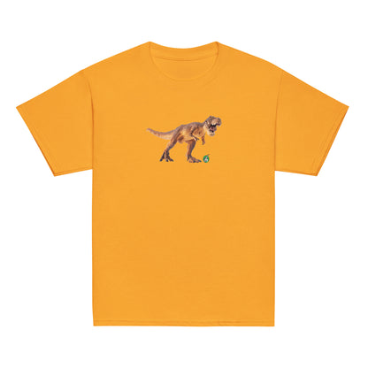 Kids' orange t-shirt featuring a printed graphic of a life like dinosaur, designed by Wizard Prints.