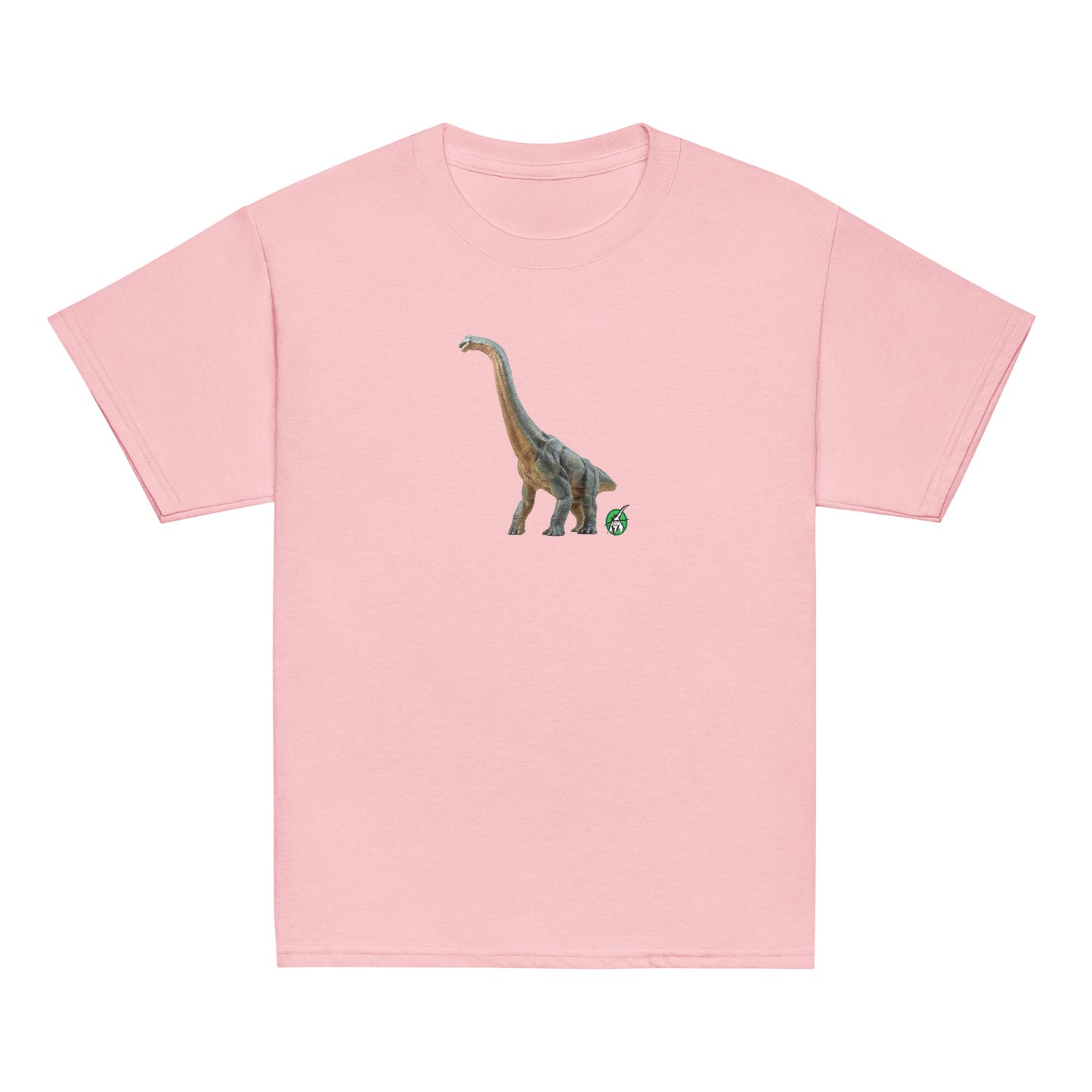 Kids' pink t-shirt featuring a printed graphic of a life like brachiosaurus, designed by Wizard Prints.