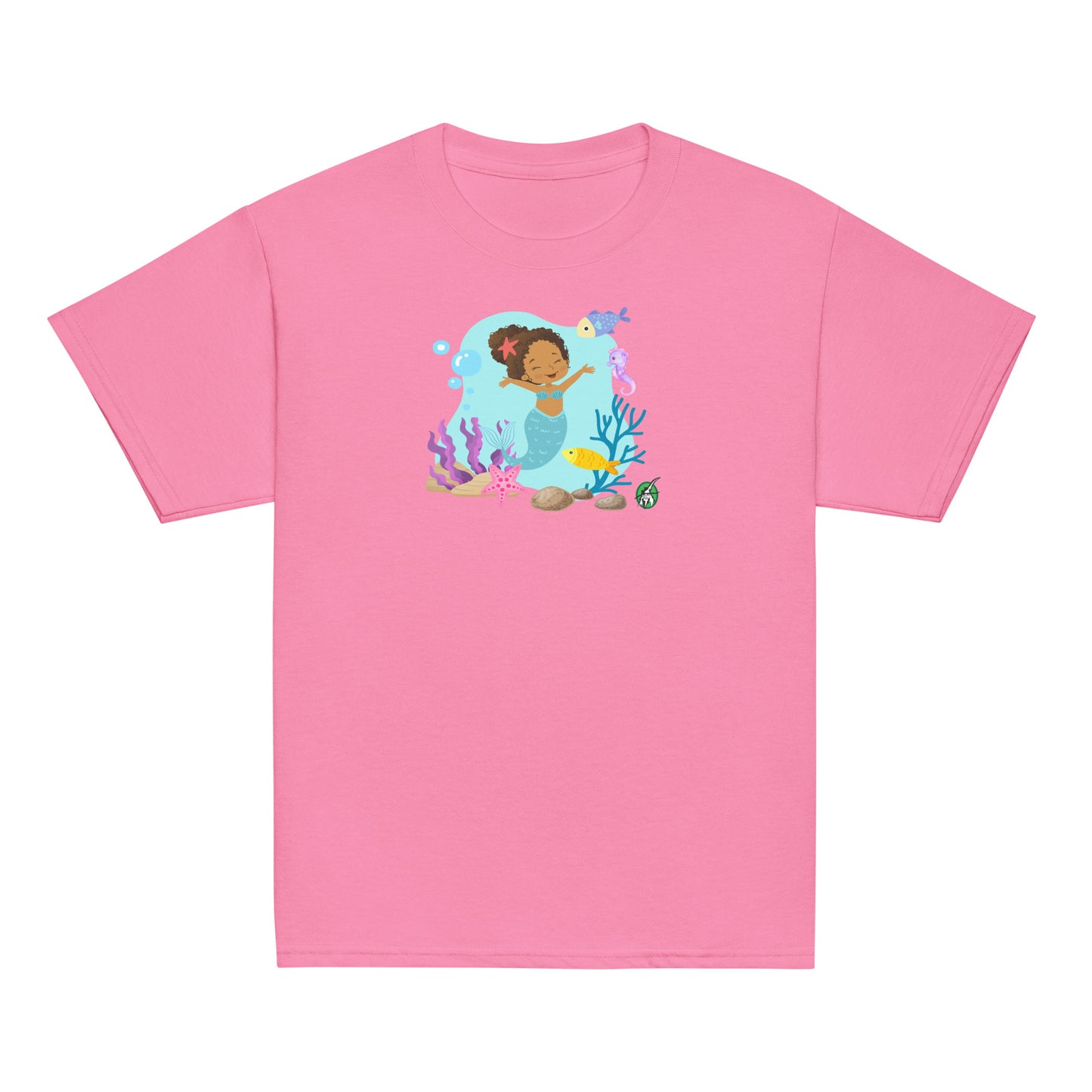 Kids' pink t-shirt featuring a printed graphic of a curly mermaid surrounded by sea creatures and water, designed by Wizard Prints.