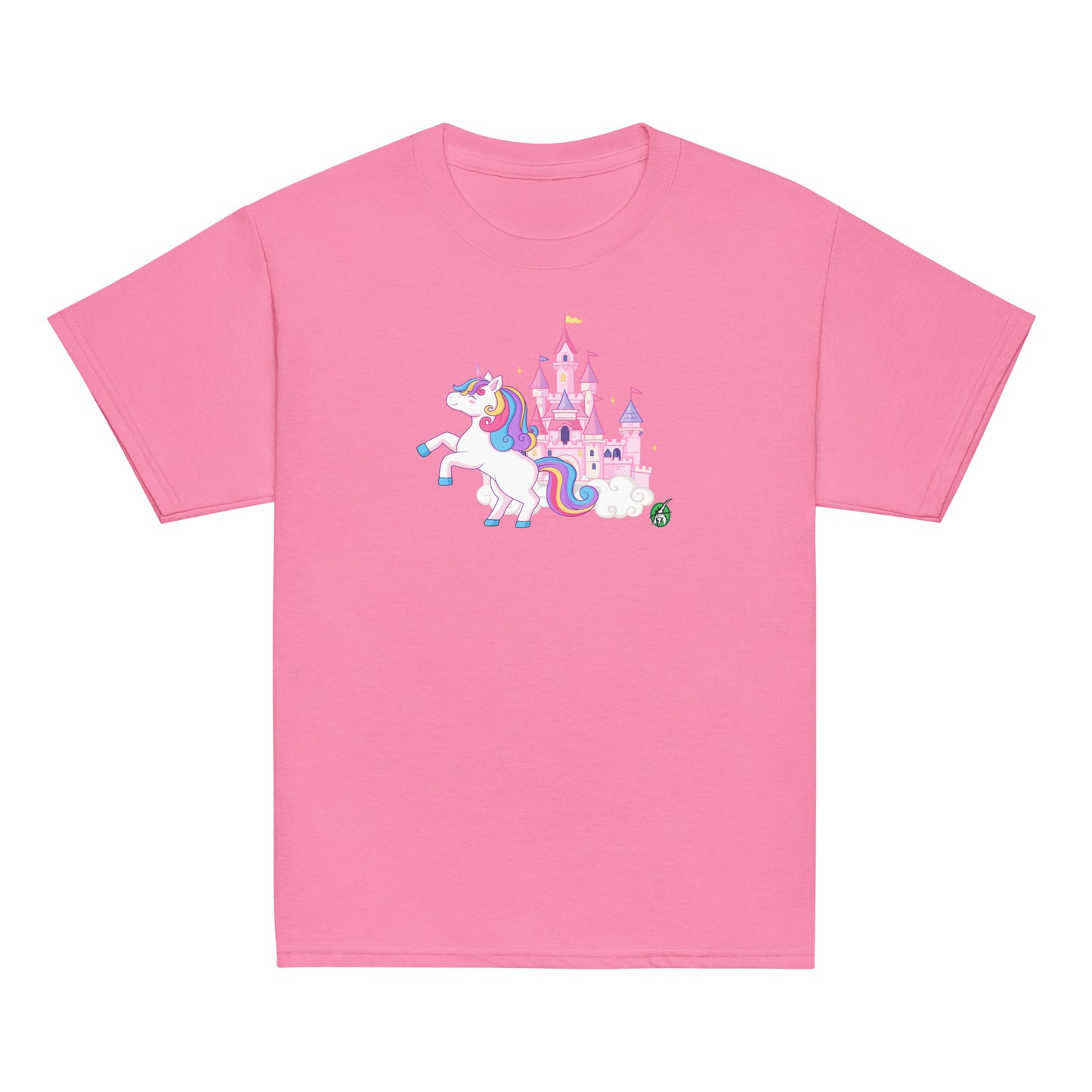 Kids' pink t-shirt featuring a printed graphic of a unicorn in front of a castle, designed by Wizard Prints.