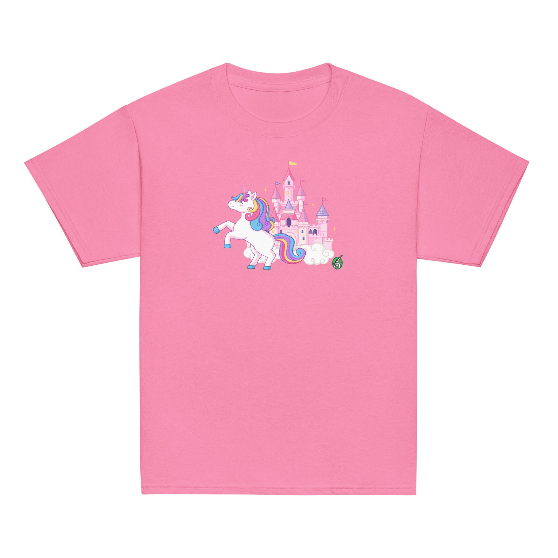 Kids' pink t-shirt featuring a printed graphic of a unicorn in front of a castle, designed by Wizard Prints.