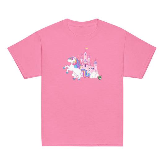 Kids' pink t-shirt featuring a printed graphic of a unicorn in front of a castle, designed by Wizard Prints.