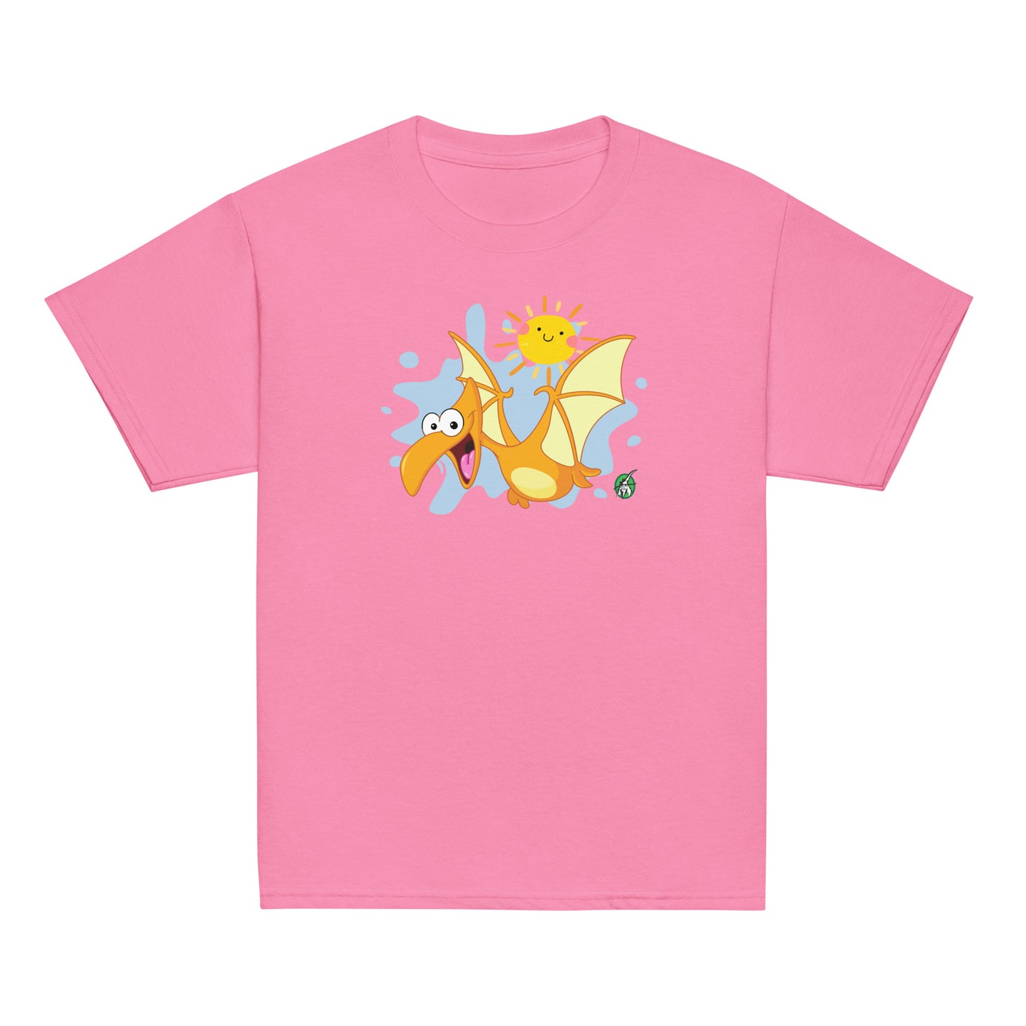 Kids' pink t-shirt with a printed graphic of a cartoon flying dragon and the sun. Designed by Wizard Prints.
