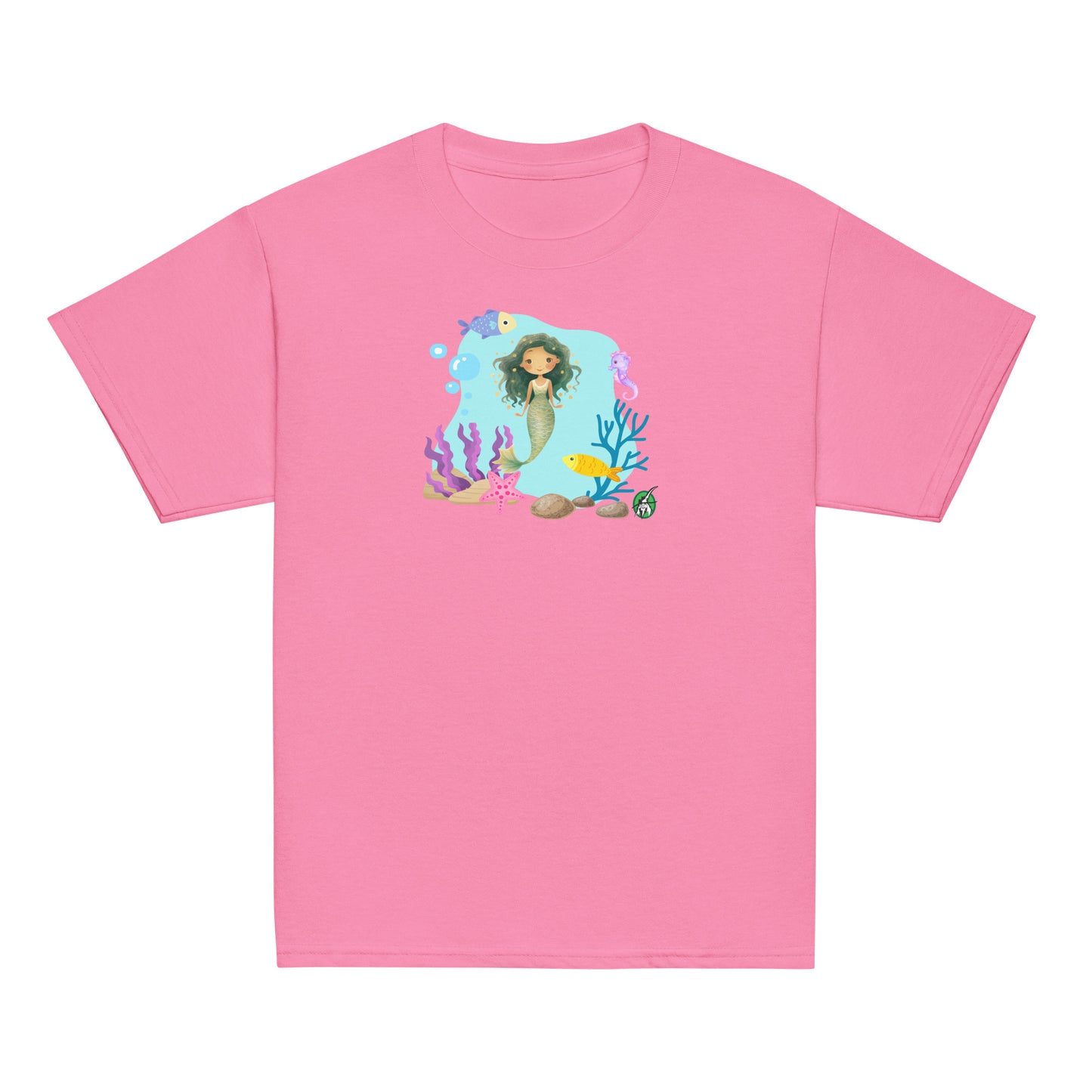 Kids' pink t-shirt featuring a printed graphic of a mermaid surrounded by sea creatures and water, designed by Wizard Prints.