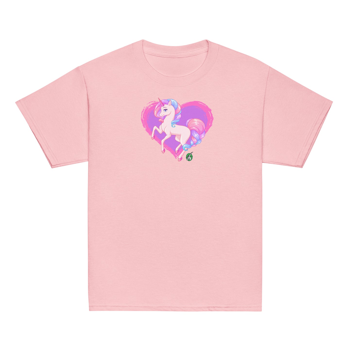 Kids' pink t-shirt featuring a printed graphic of a pink unicorn on a purple heart background, designed by Wizard Prints.