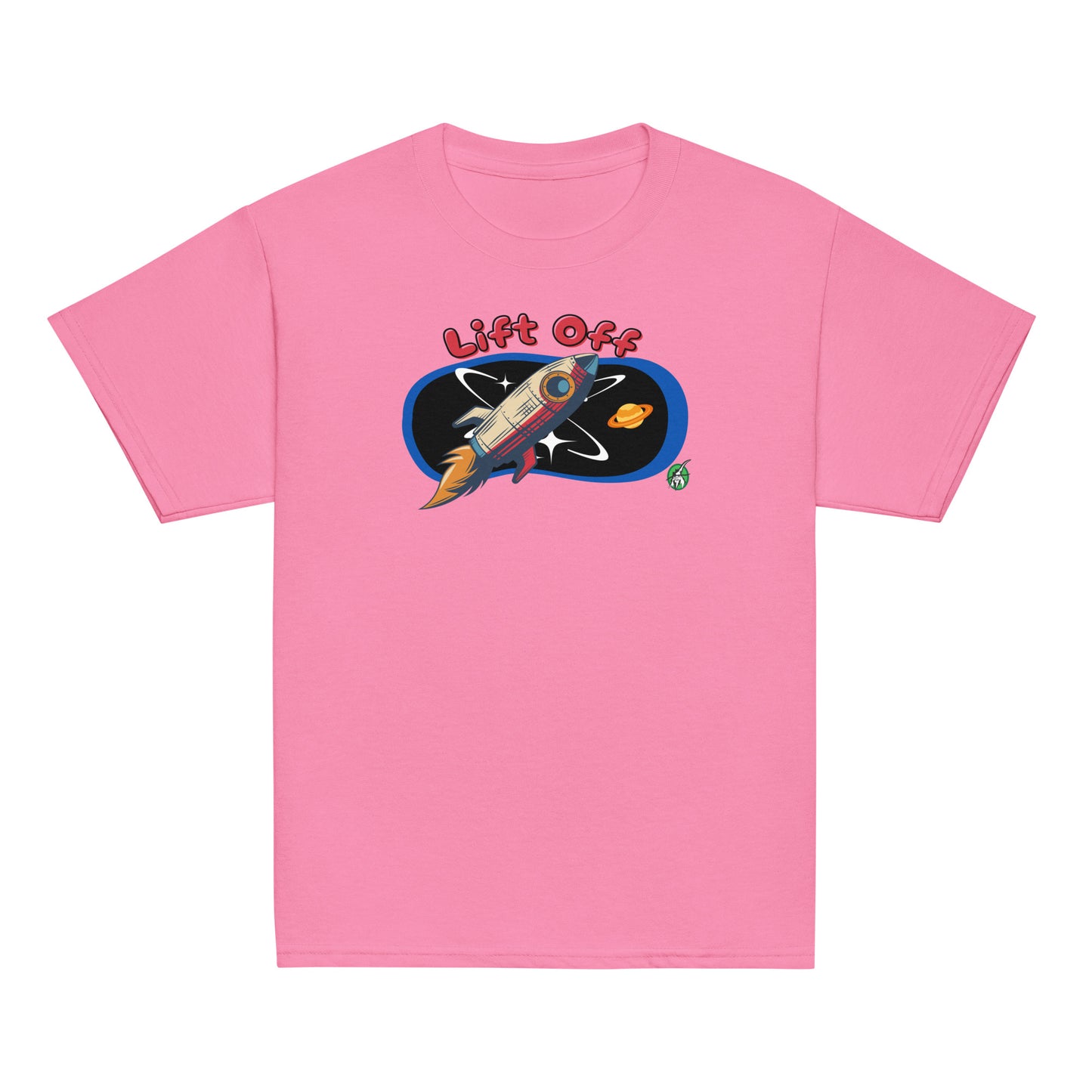 Kids' pink t-shirt with a printed graphic of a rocket and the words, 'Lift Off'. Designed by Wizard Prints.