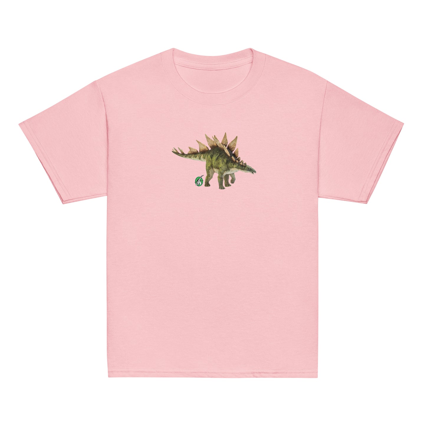 Kids' pink t-shirt featuring a printed graphic of a life like stegosaurus, designed by Wizard Prints.