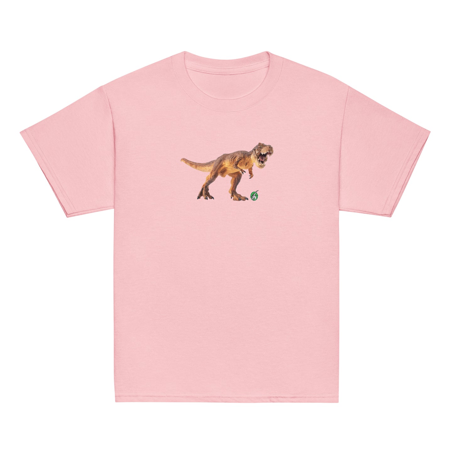 Kids' pink t-shirt featuring a printed graphic of a life like dinosaur, designed by Wizard Prints.