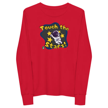 Kids' red long sleeve t-shirt with a printed graphic of an astronaut and the words, 'Touch the Stars'. Designed by Wizard Prints