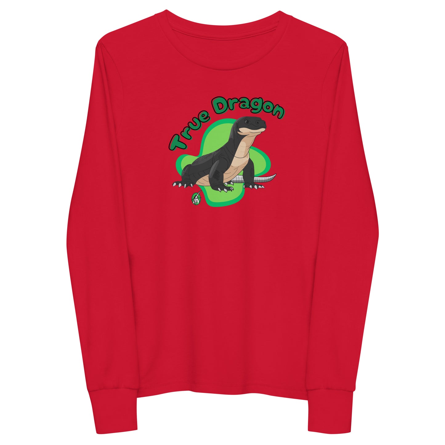Kids' red long sleeve t-shirt with a printed graphic of a komodo dragon and the words, 'True Dragon'. Designed by Wizard Prints