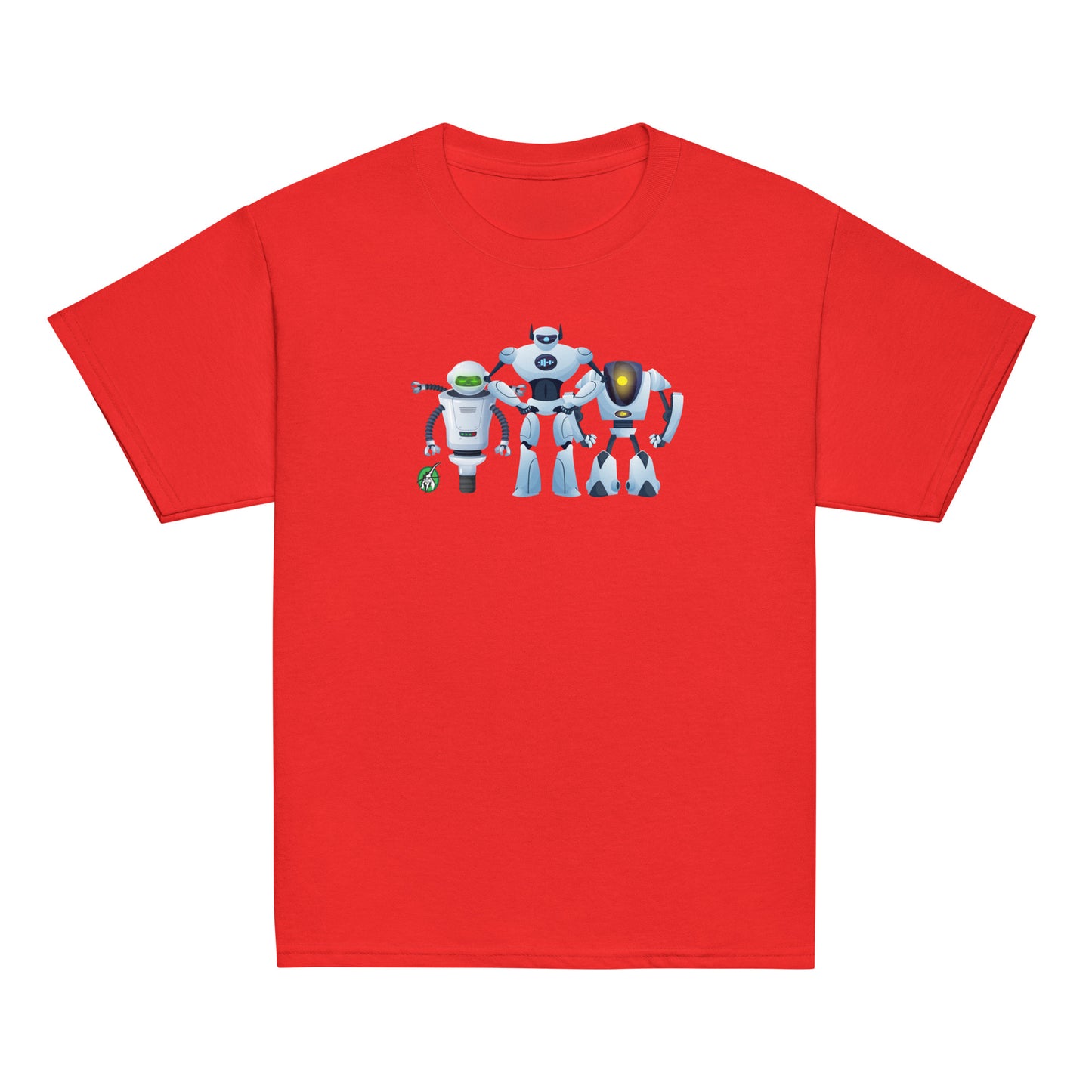 Kids' red t-shirt featuring a printed graphic of cartoon robots, designed by Wizard Prints.