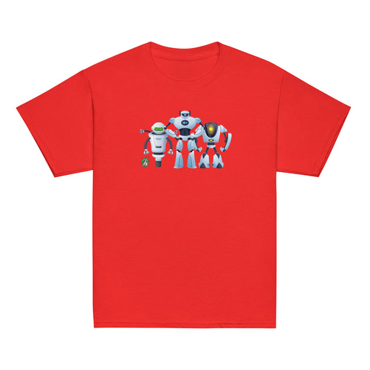 Kids' red t-shirt featuring a printed graphic of cartoon robots, designed by Wizard Prints.