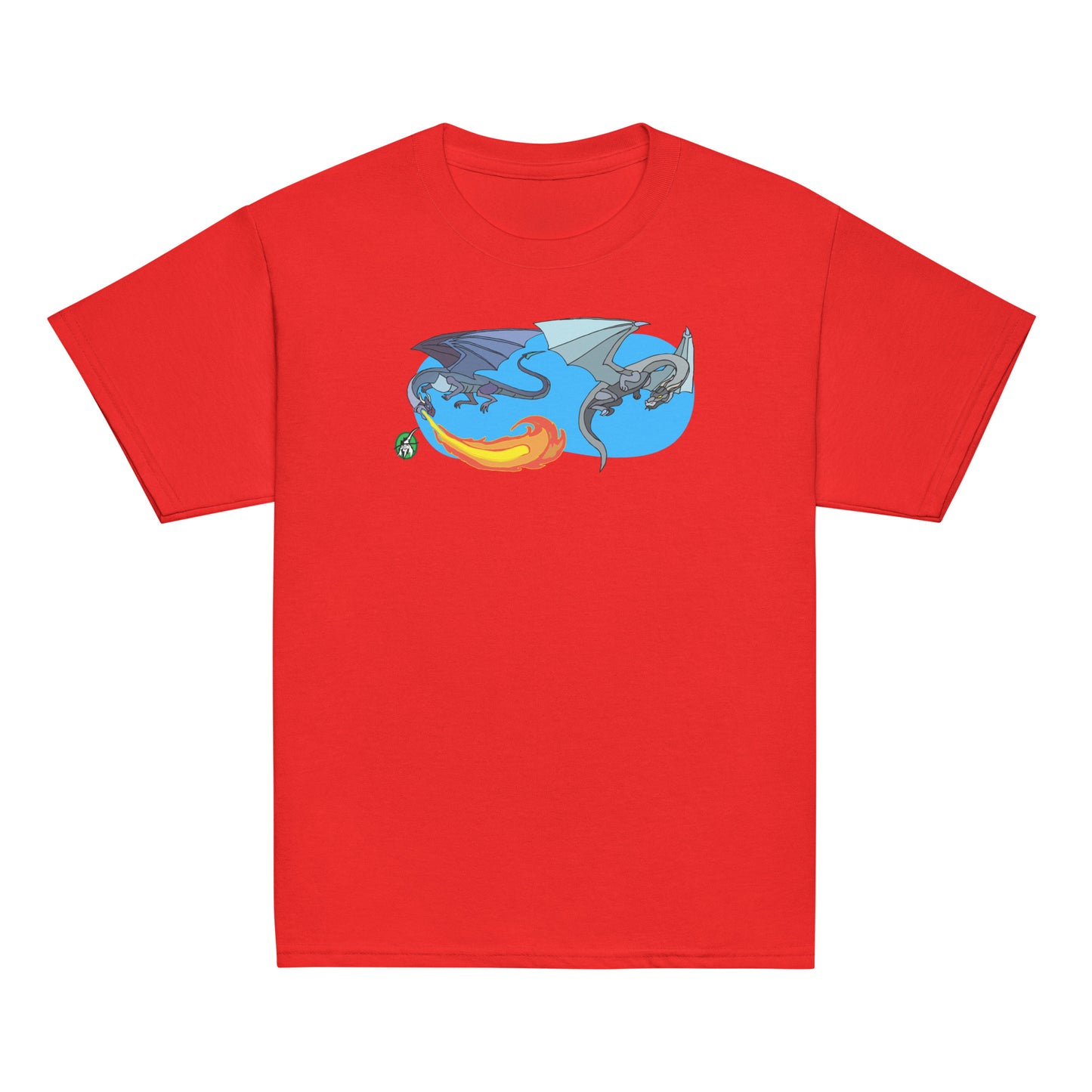 Kids' red t-shirt featuring a printed graphic of two flying fiery dragons, designed by Wizard Prints.