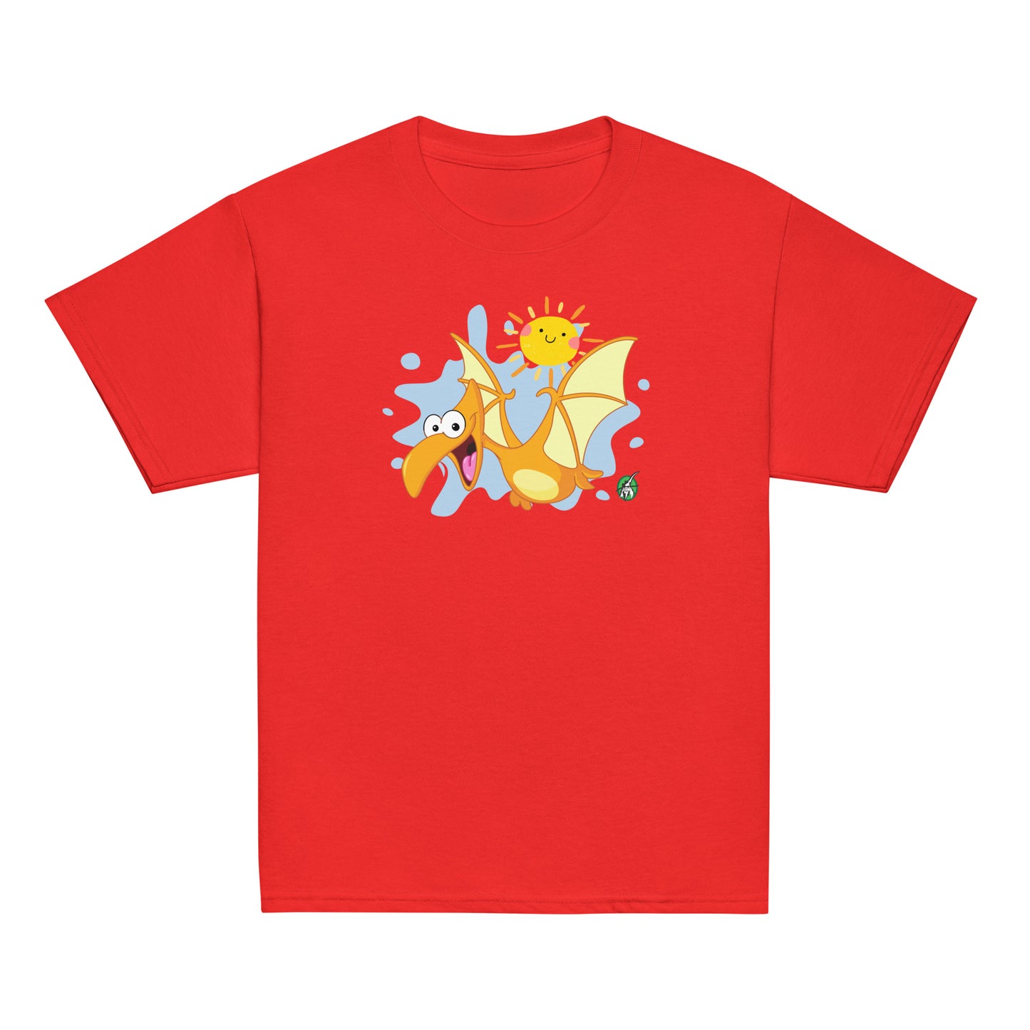 Kids' red t-shirt with a printed graphic of a cartoon flying dragon and the sun. Designed by Wizard Prints.