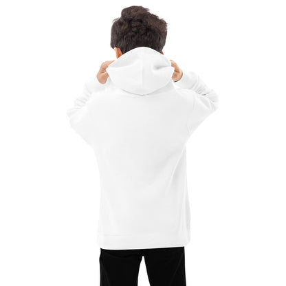 A kids white graphic hoodie with a plain back view by Wizard Prints Shop
