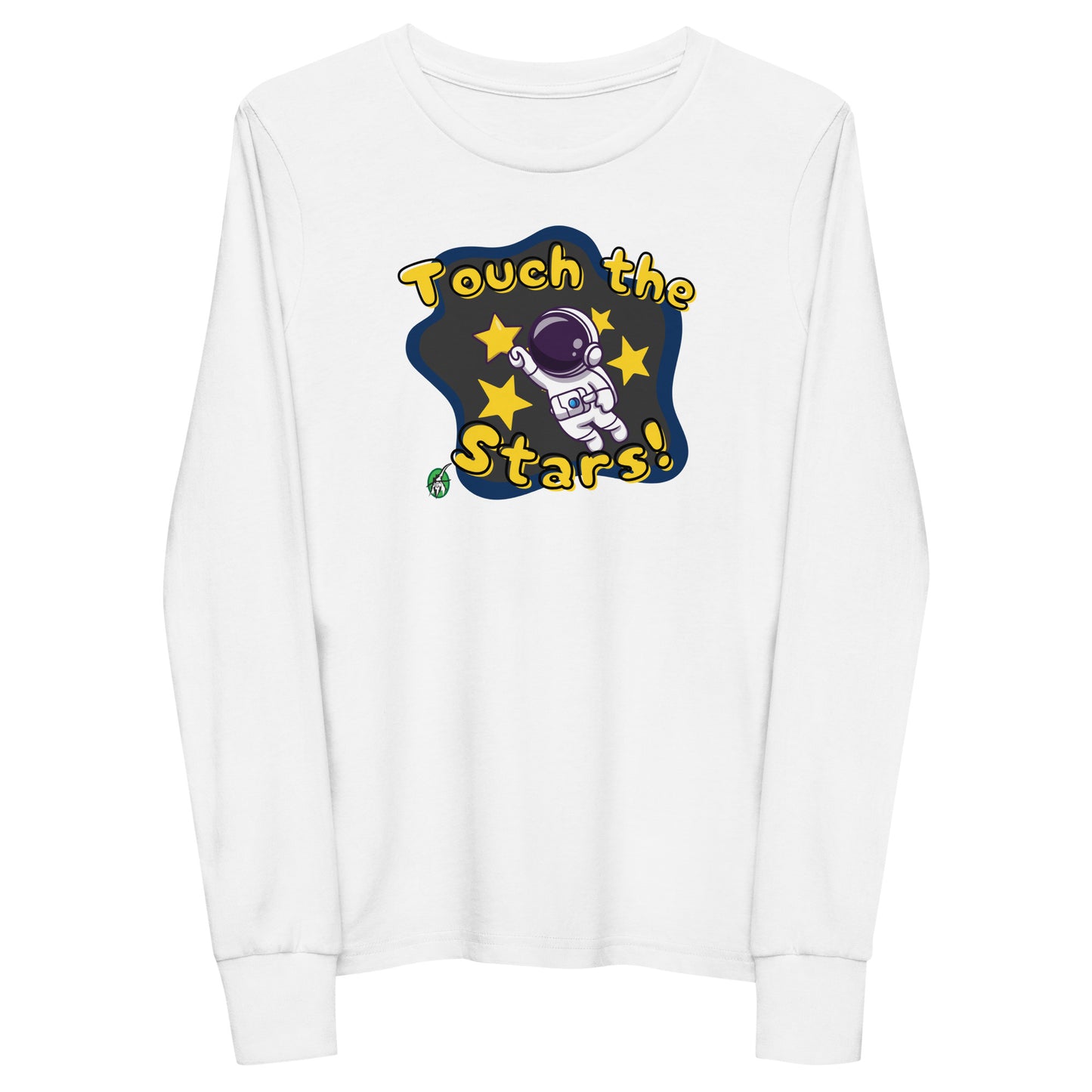 Kids' white long sleeve t-shirt with a printed graphic of an astronaut and the words, 'Touch the Stars'. Designed by Wizard Prints