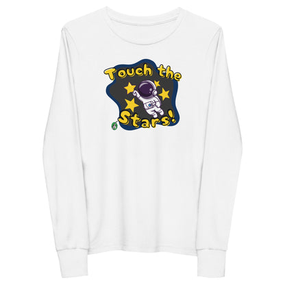 Kids' white long sleeve t-shirt with a printed graphic of an astronaut and the words, 'Touch the Stars'. Designed by Wizard Prints