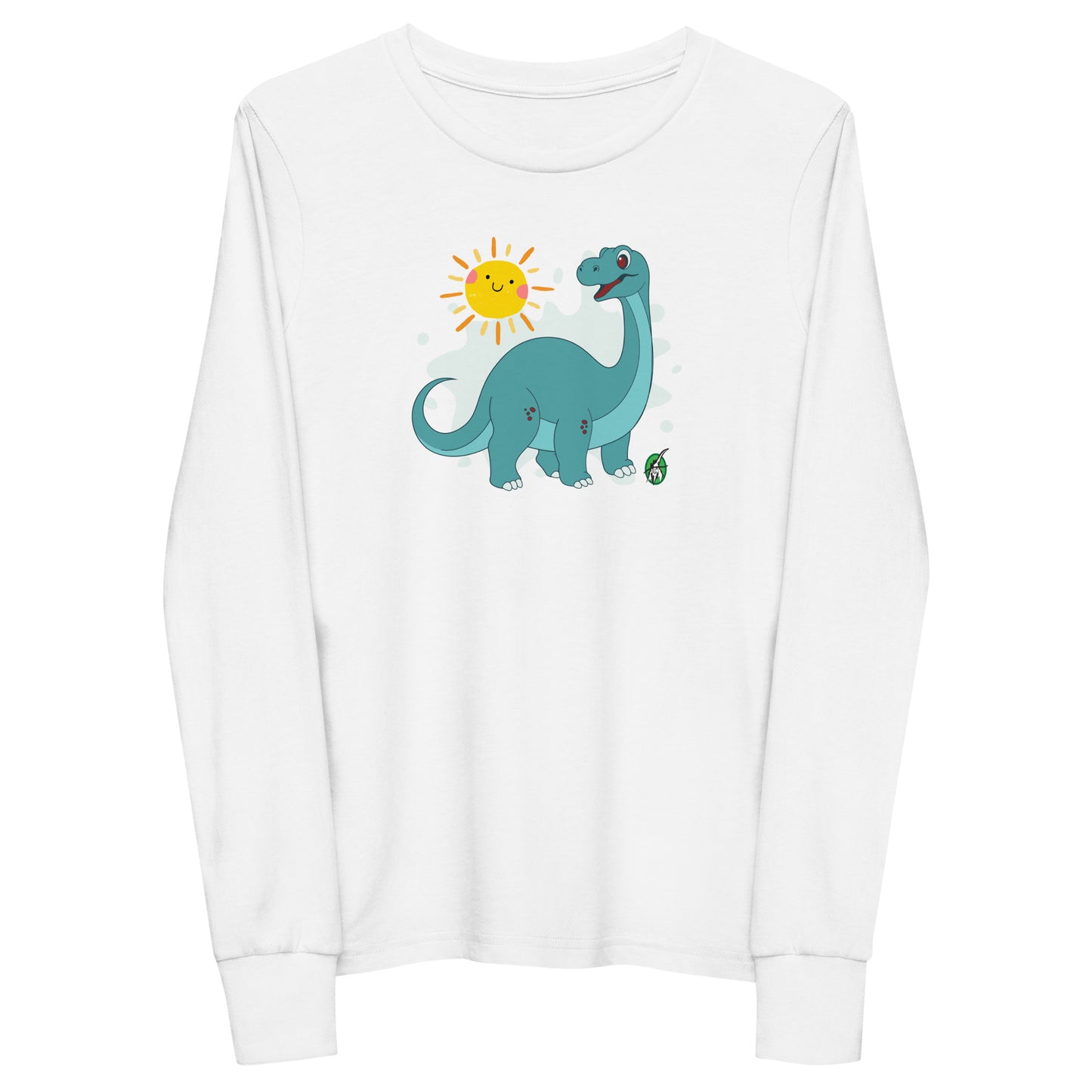 Kids' white long sleeve t-shirt with a printed graphic of a smiling brachiosaurus and the sun. Designed by Wizard Prints