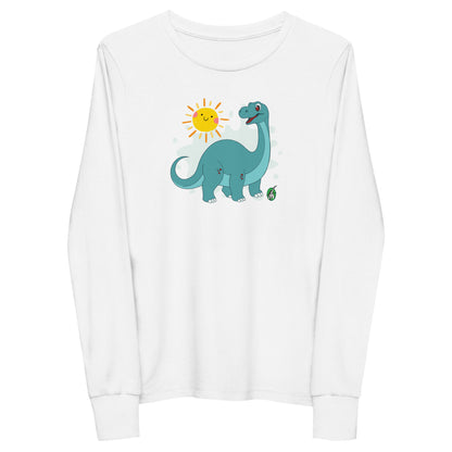 Kids' white long sleeve t-shirt with a printed graphic of a smiling brachiosaurus and the sun. Designed by Wizard Prints