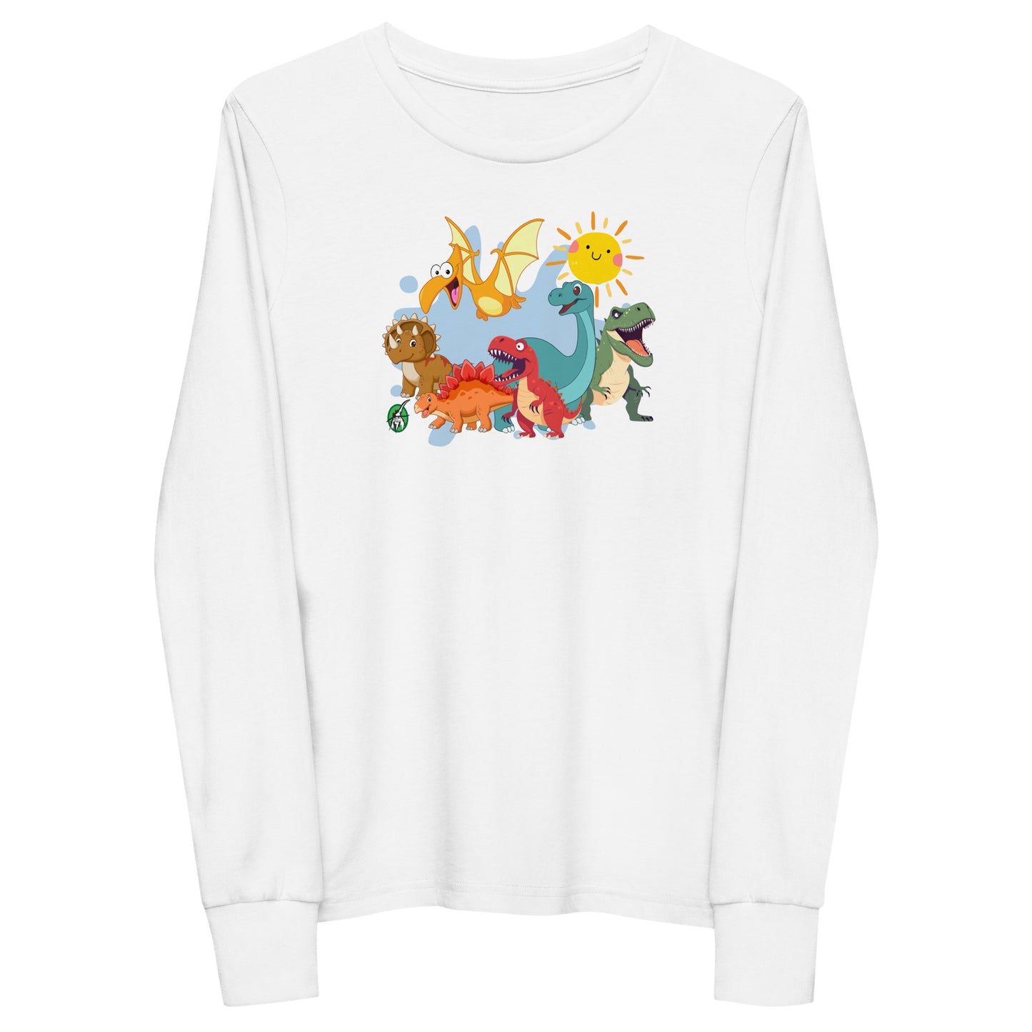 Kids' white long sleeve t-shirt with a printed graphic of different colorful dinosaur types and the sun. Designed by Wizard Prints