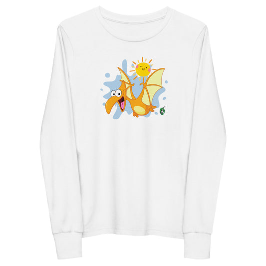 Kids' white long sleeve t-shirt with a printed graphic of a flying dragon and the sun. Designed by Wizard Prints