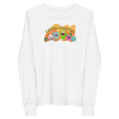 Kid's white long sleeve t-shirt with a printed graphic of colourful monsters and the words, 'Little Monster'. Designed by Wizard Prints