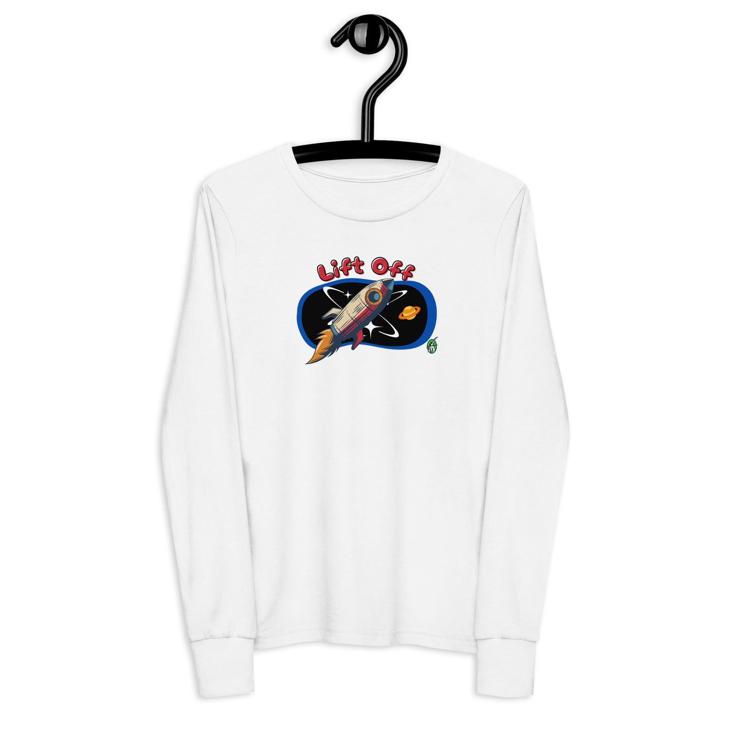 Kids' white long sleeve t-shirt with a printed graphic of a rocket and the words, 'Lift Off'. Designed by Wizard Prints